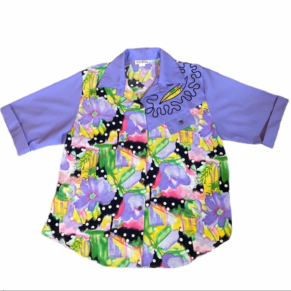 Vintage Purple Floral Print Polka Dot Button Up - Picture 11 of 16